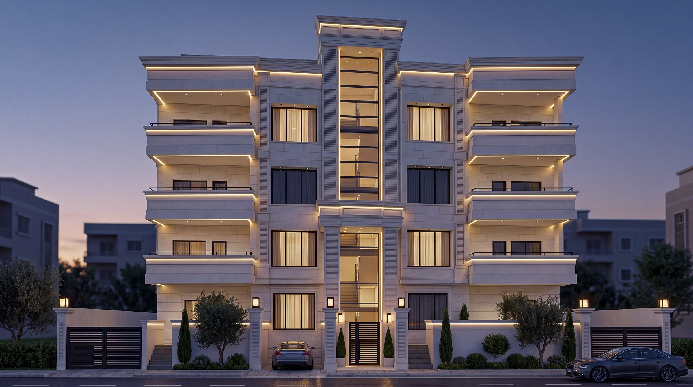 واجهة العمارة مساءً بإضاءتها المخفية
