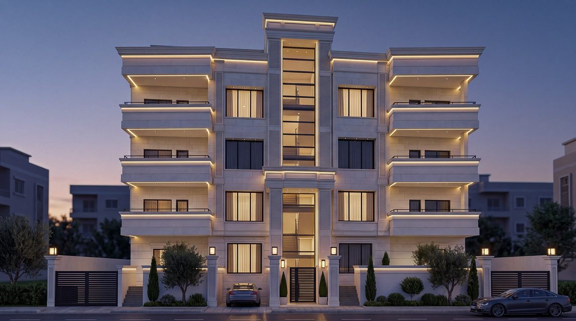 واجهة العمارة مساءً بإضاءتها المخفية
