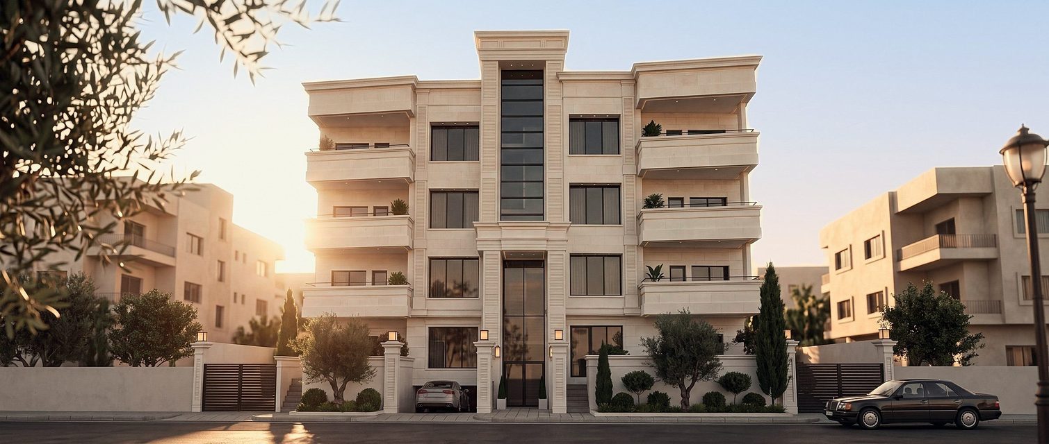 واجهة العمارة من الشارع عند الغروب