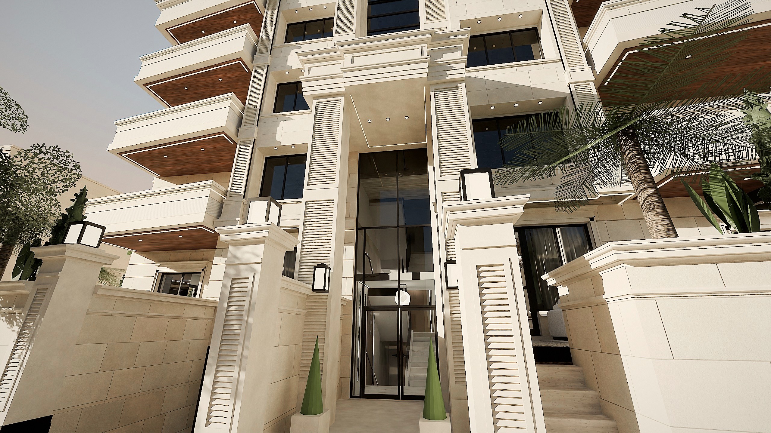 واجهة العمارة ومدخلها، عند الغروب